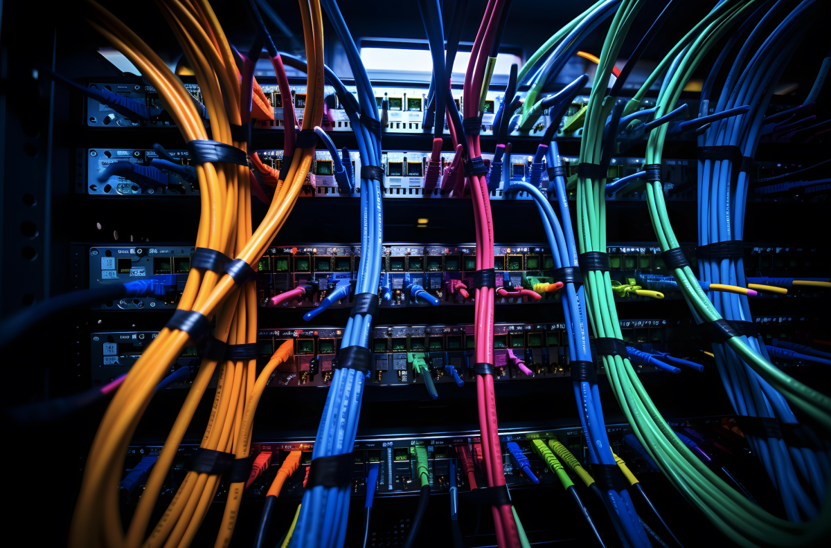 Cleanly installed structured network cabling racks in a commercial NYC telecom room