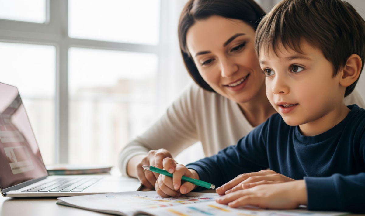 Child with autism learning with visual aids and support from a specialized autism tutor