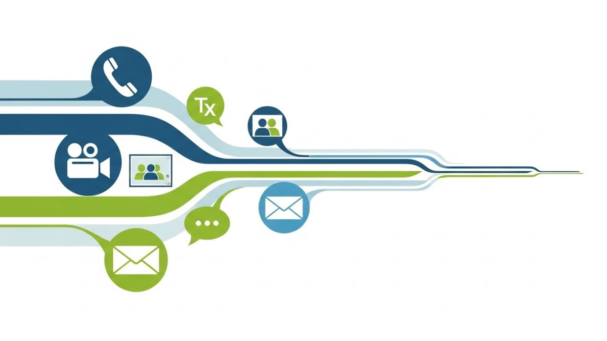 Multiple communication channels converging into unified business communications platform.