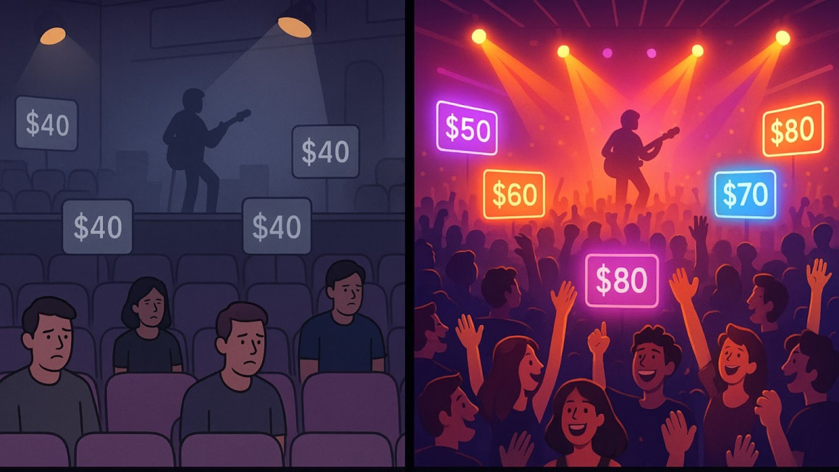 Comparison showing half-empty venue with static pricing versus full venue with dynamic pricing optimization.