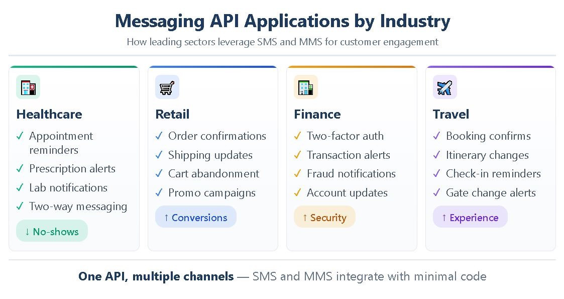 Messaging API Applications Across Industries Infographic comparing messaging API use cases across healthcare, retail, finance, and travel industries with specific applications and benefits.