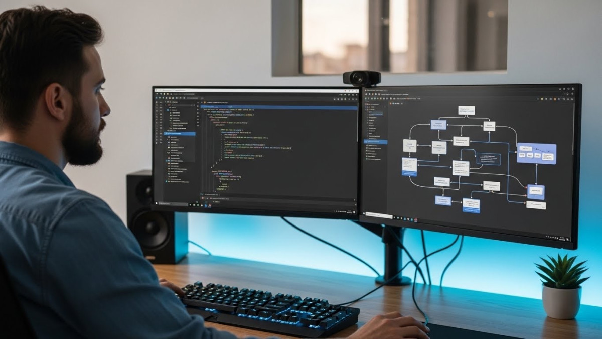 Software developer working with API code integration and communication workflow diagrams for CPaaS implementation.