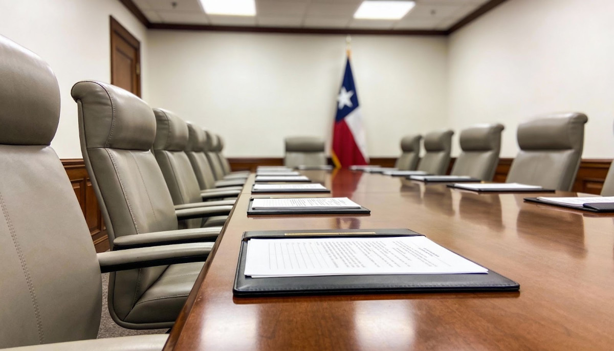 Formal hearing room setting similar to Texas Appraisal Review Board proceedings