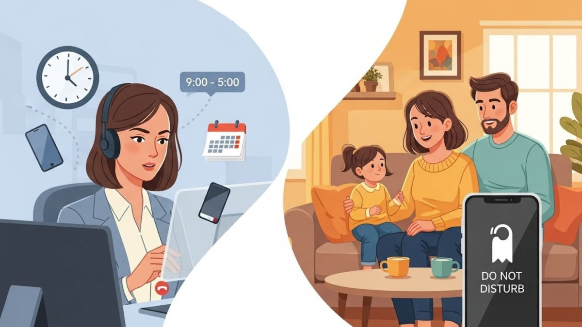 Split illustration showing professional separating work calls from personal time using virtual business number.