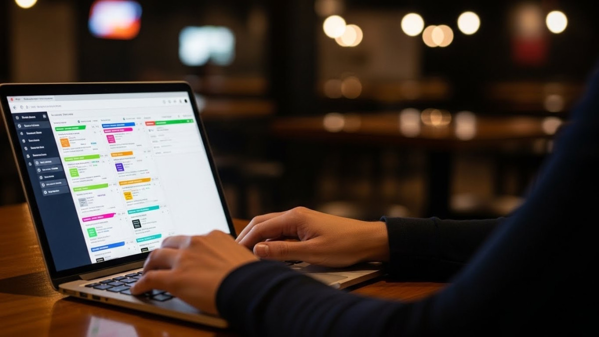 Smart Venue Management Software Streamlines Concert Booking Calendars Talent buyer using smart venue management calendar software on laptop in music venue.