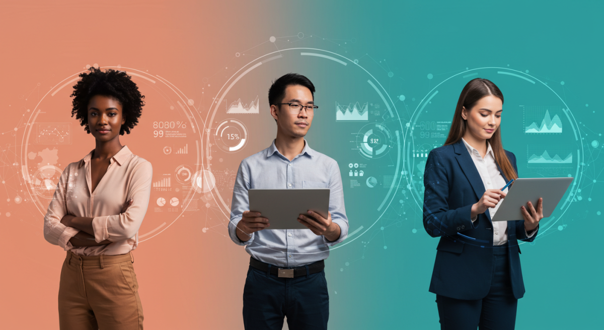 Marketing professionals working collaboratively with AI technology and data visualizations.