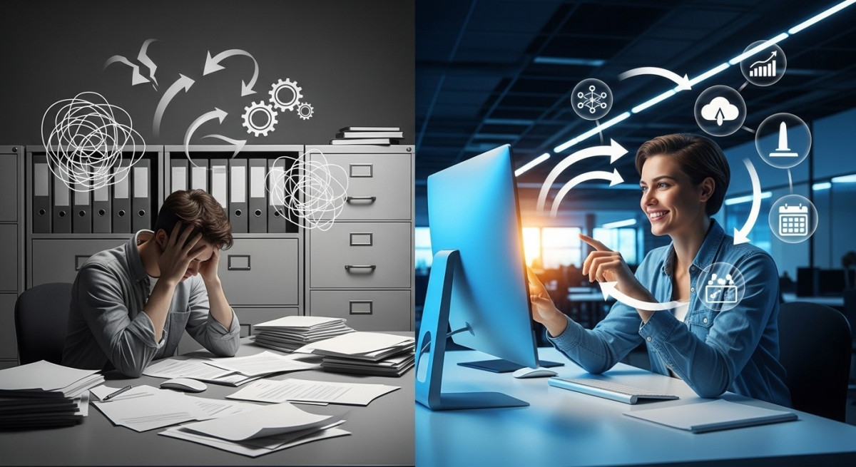 Comparison between traditional fragmented curriculum processes and modern connected curriculum management systems.