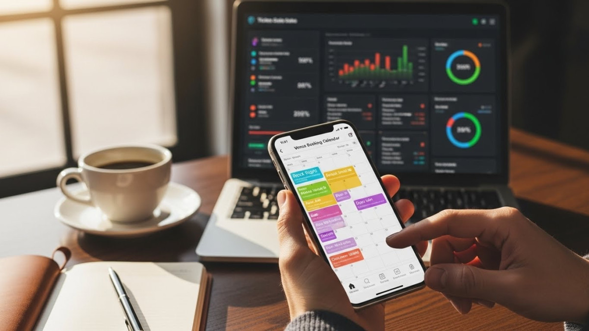 Venue Event Operations Mobile Technology Venue manager using mobile booking calendar app with ticket sales dashboard visible on laptop in background.