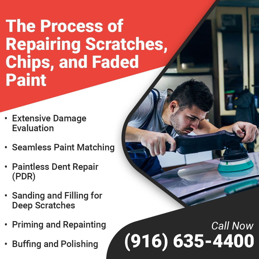 the process of repairing scratches, chips, and faded paint