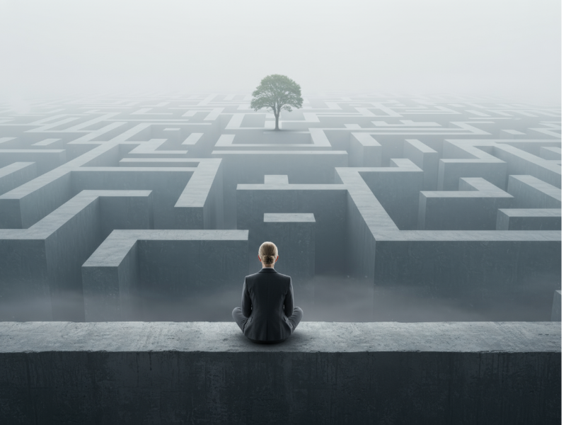 Business leader facing a complex marketing maze with a clear goal ahead, symbolizing the challenge of finding clarity and focus in B2B marketing strategy.