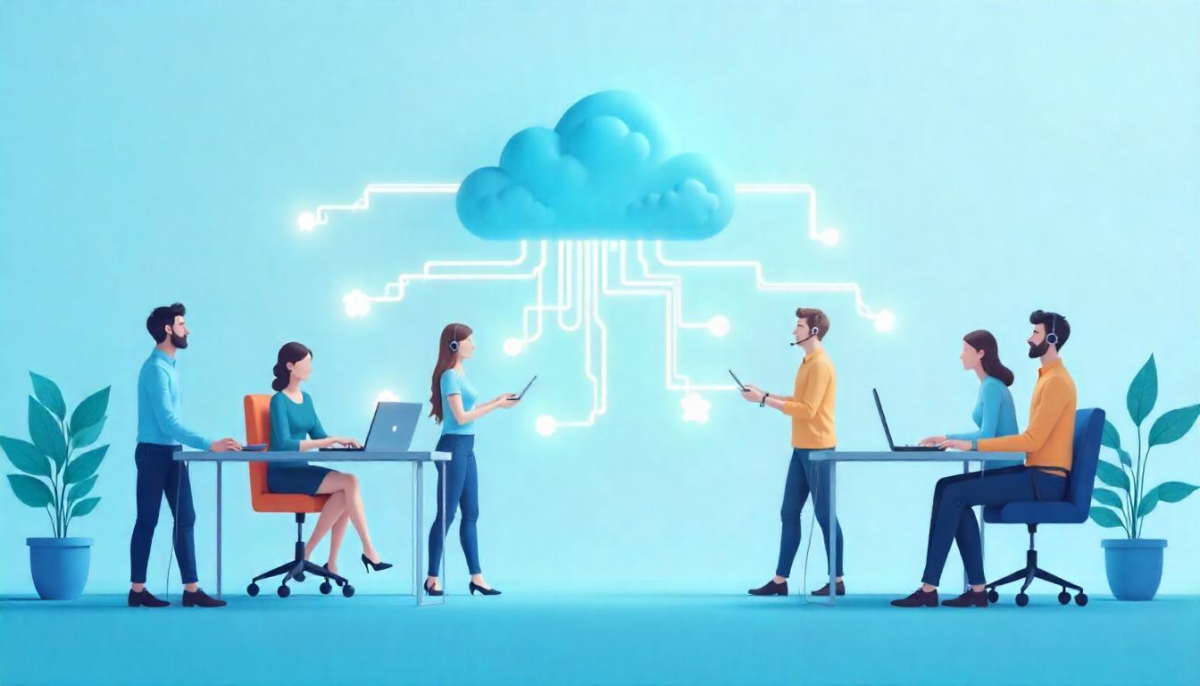 Diverse business professionals connected through cloud communication technology, collaborating seamlessly across remote and office environments.