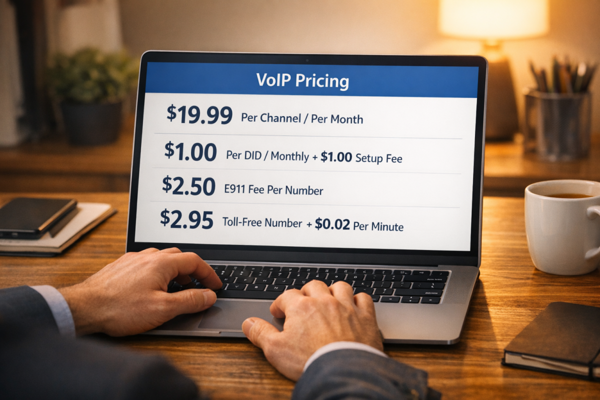 Business professional using a laptop with a clear self-service pricing dashboard for SIP trunking.