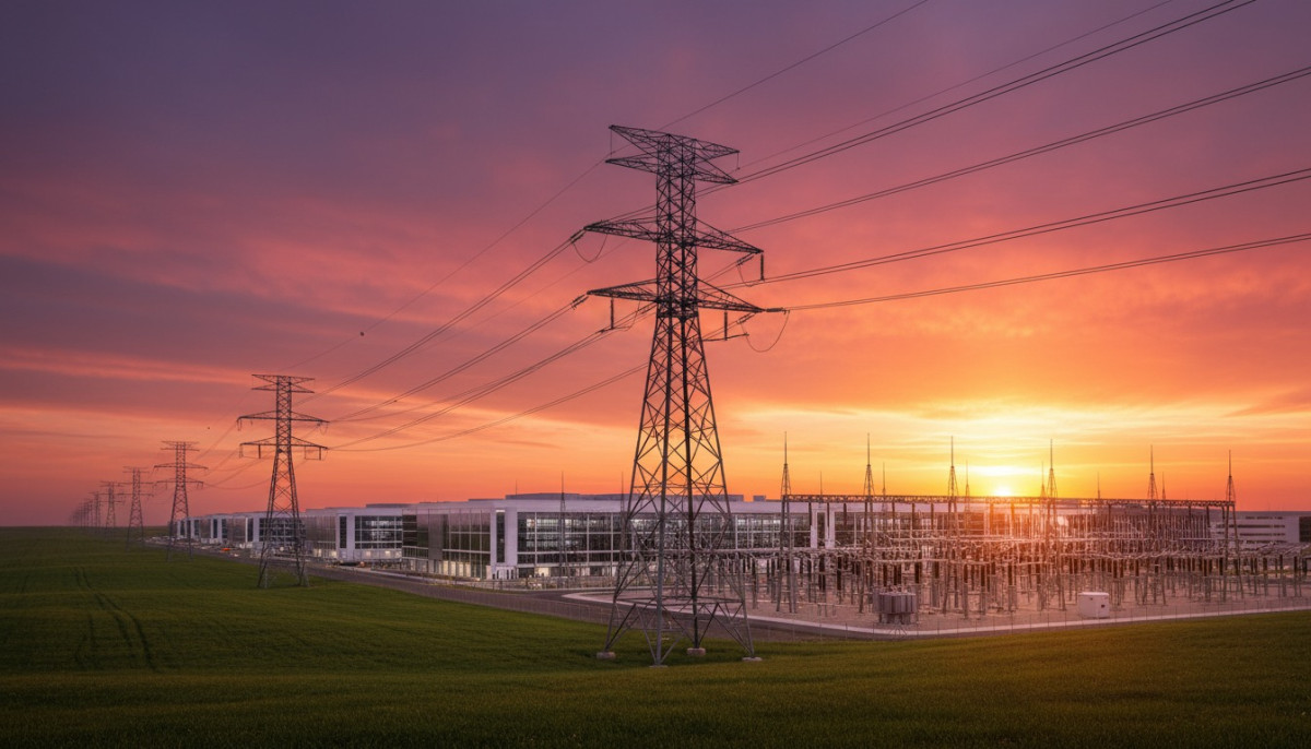 Power transmission infrastructure showing energy drain AI data centers create on electrical grids.