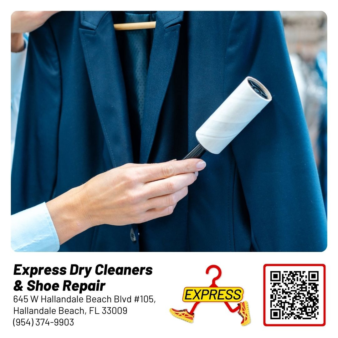 Lint roller used on a blue suit jacket.