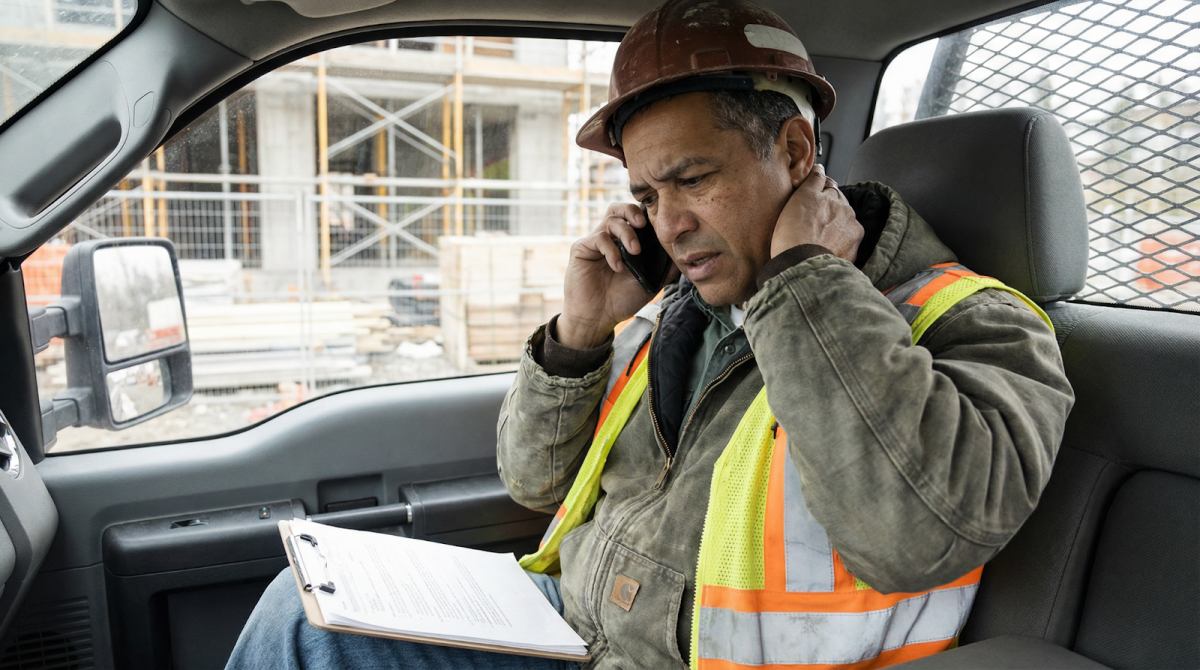 Contractor Making a Payment Collection Call Frustrated contractor on phone call in truck cab at construction site discussing payment issues