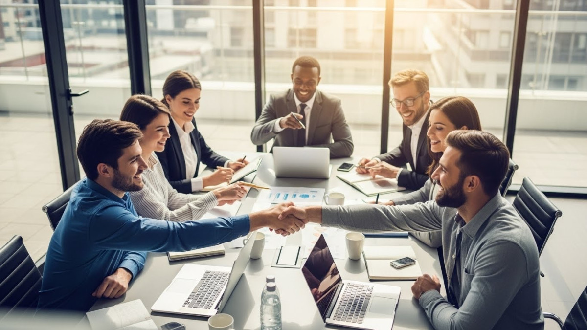 Business team collaborating with unified communications, representing customer retention in private-label VoIP.