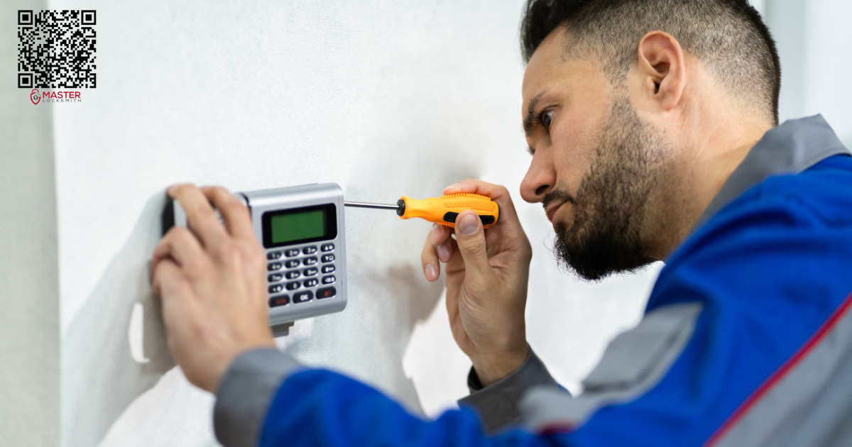 Commercial locksmith installing a key card lock for access control at local business in St. Louis