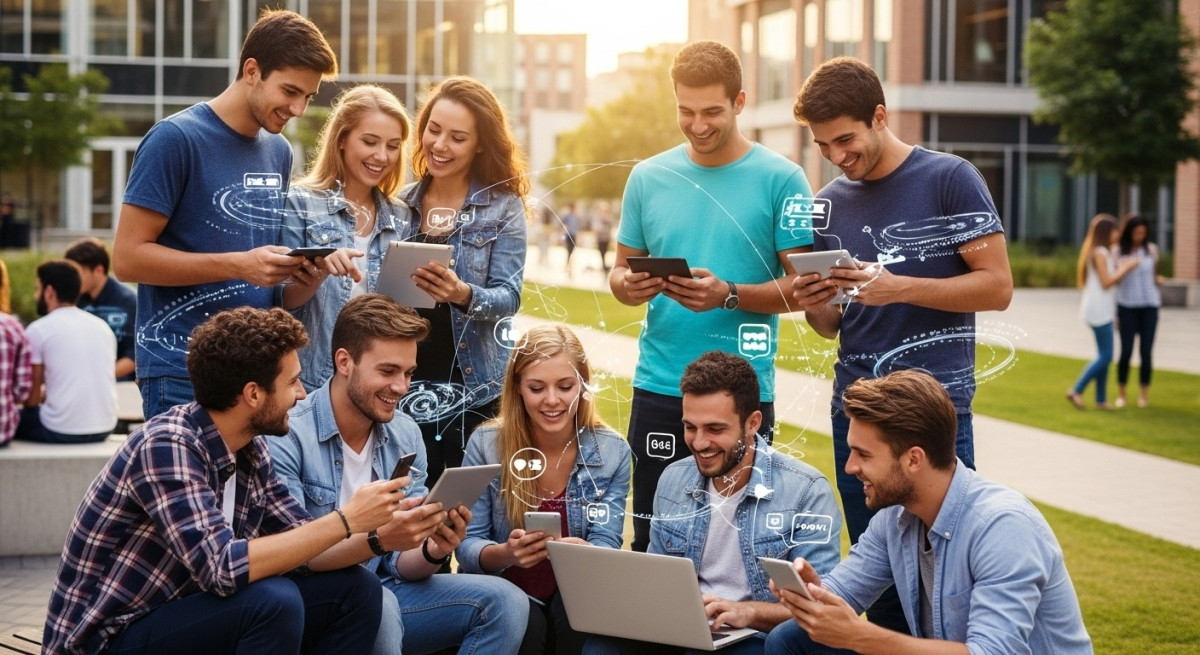 Engaged college students using devices for enhanced learning and campus connectivity.