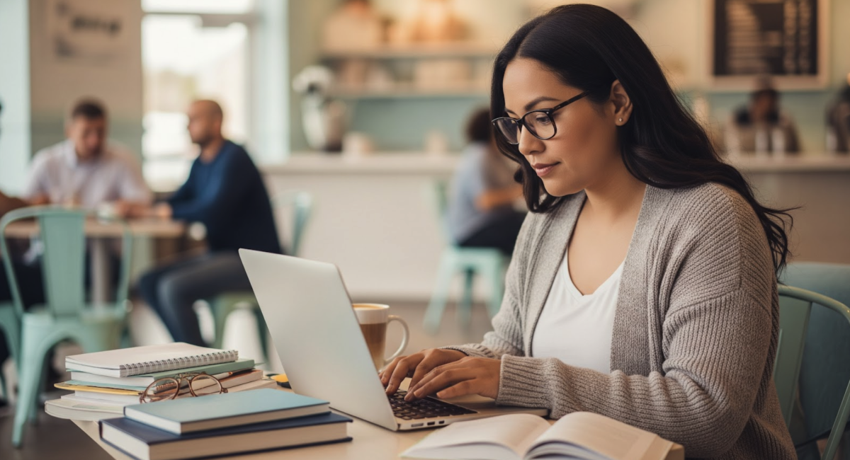Teacher using laptop at home to complete online CE course for graduate-level units