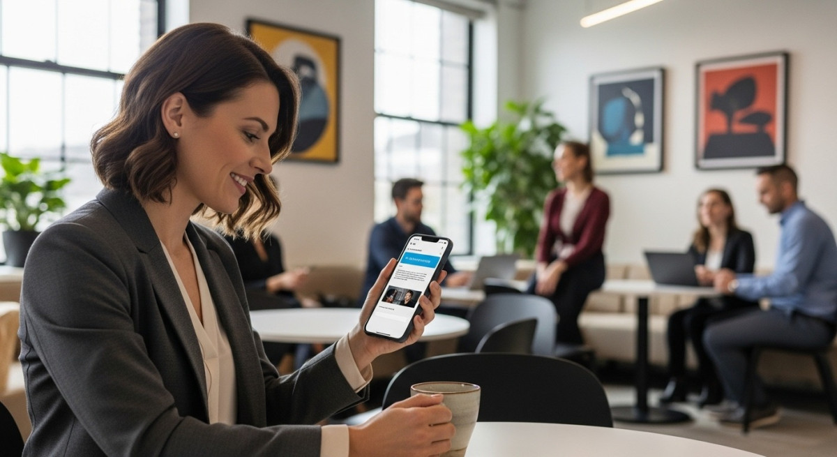Professional using smartphone for mobile learning during work break.