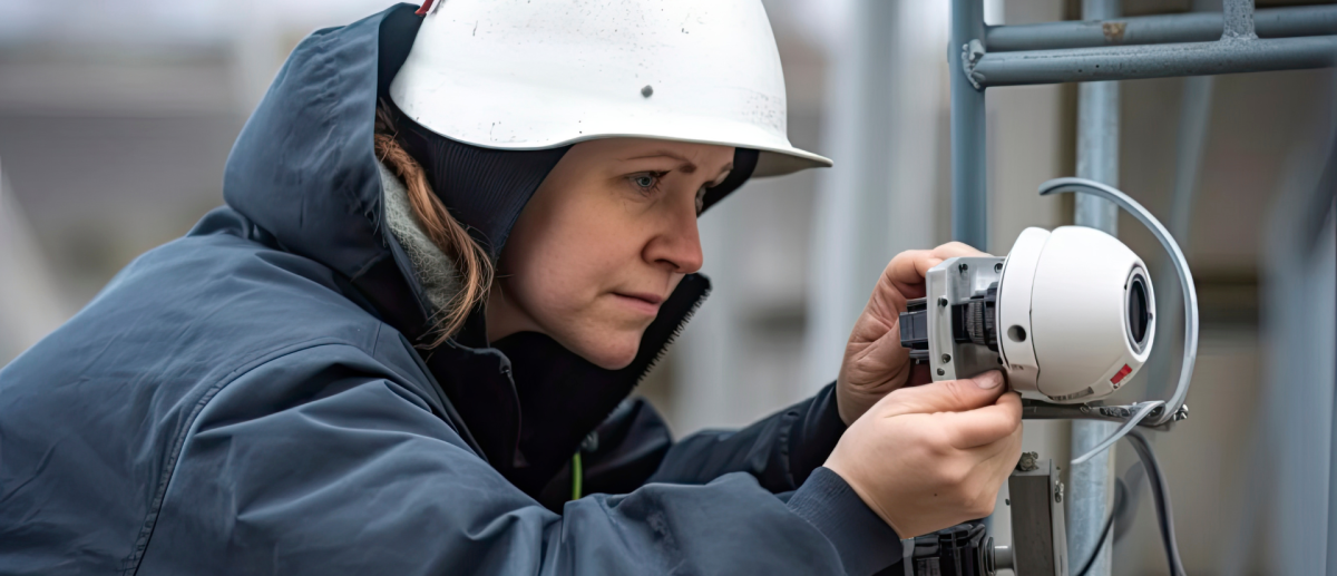 AI-enabled commercial security cameras at a Long Island facility, cloud-managed and mobile-accessible for real-time alerts