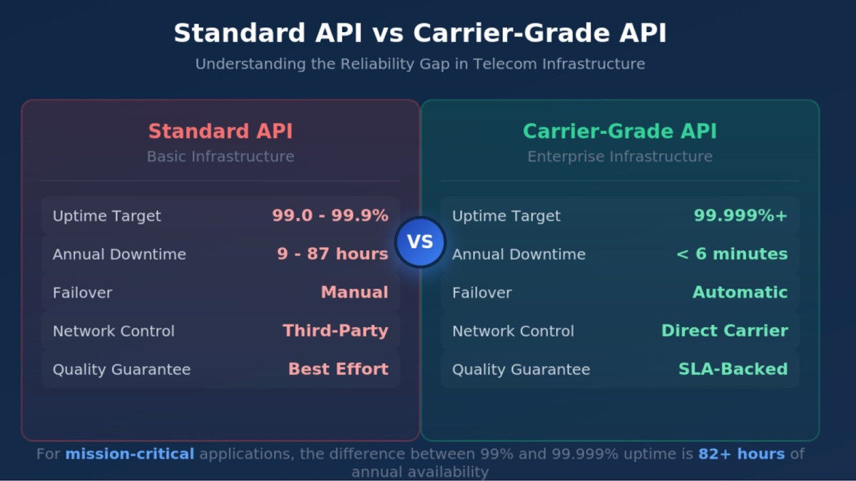 Side-by-side comparison contrasting standard API infrastructure with carrier-grade API capabilities across five metrics.
