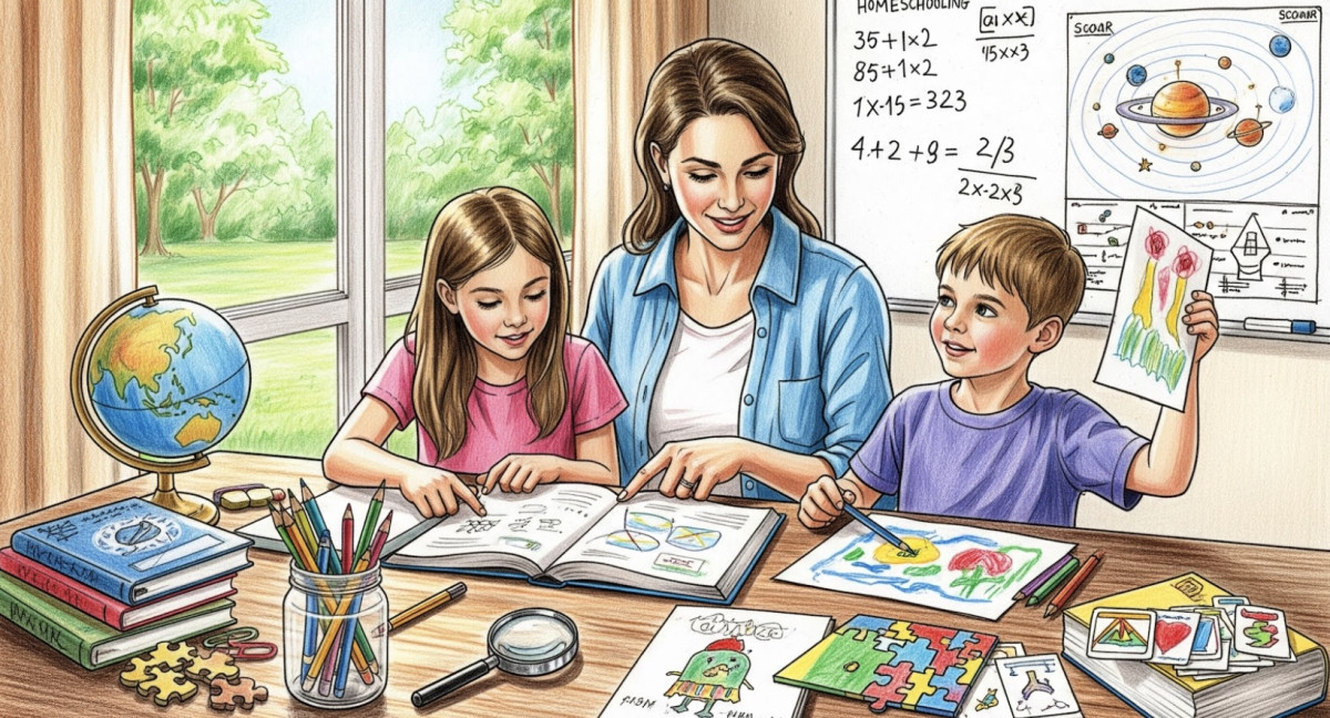 Illustration of - Parent and autistic child working on homeschooling with visual aids and hands-on tools from the curriculum