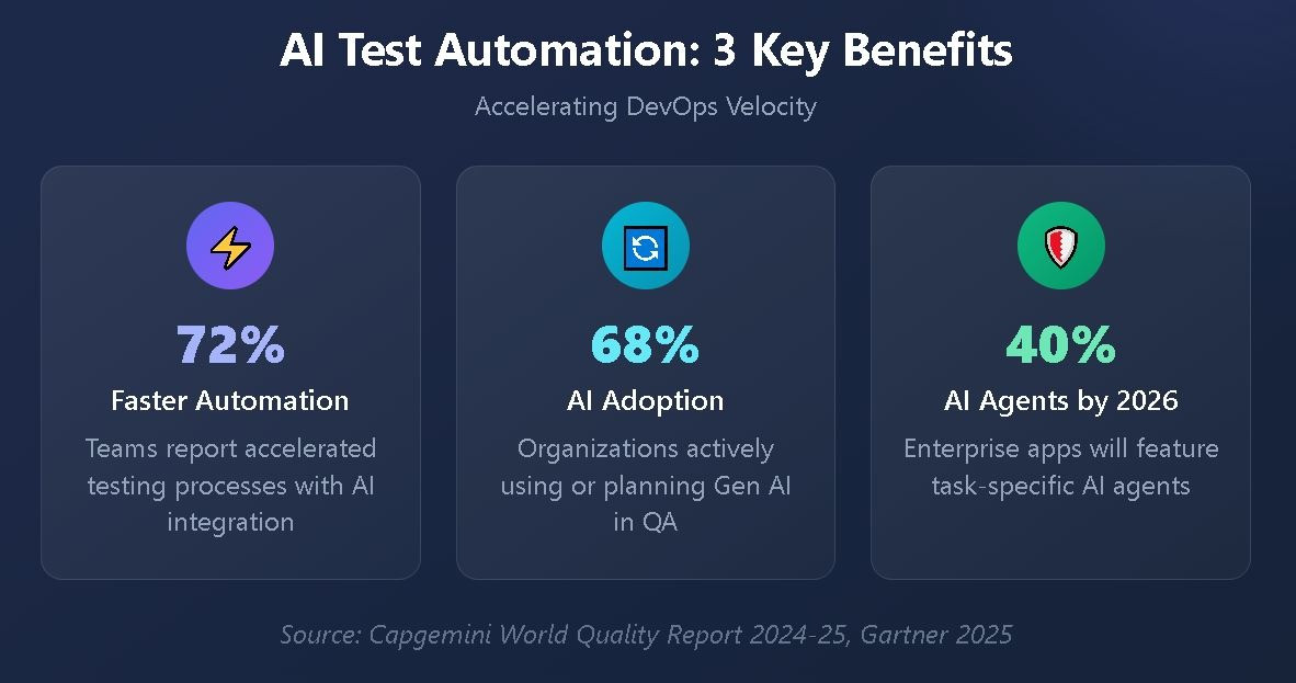 AI Test Automation Key Statistics Infographic showing three key AI test automation statistics: 72% faster automation, 68% AI adoption rate, and 40% AI agents prediction by 2026.