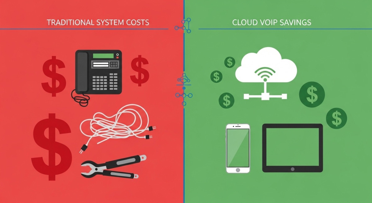 Cost comparison showing cloud VoIP savings versus traditional phone systems.