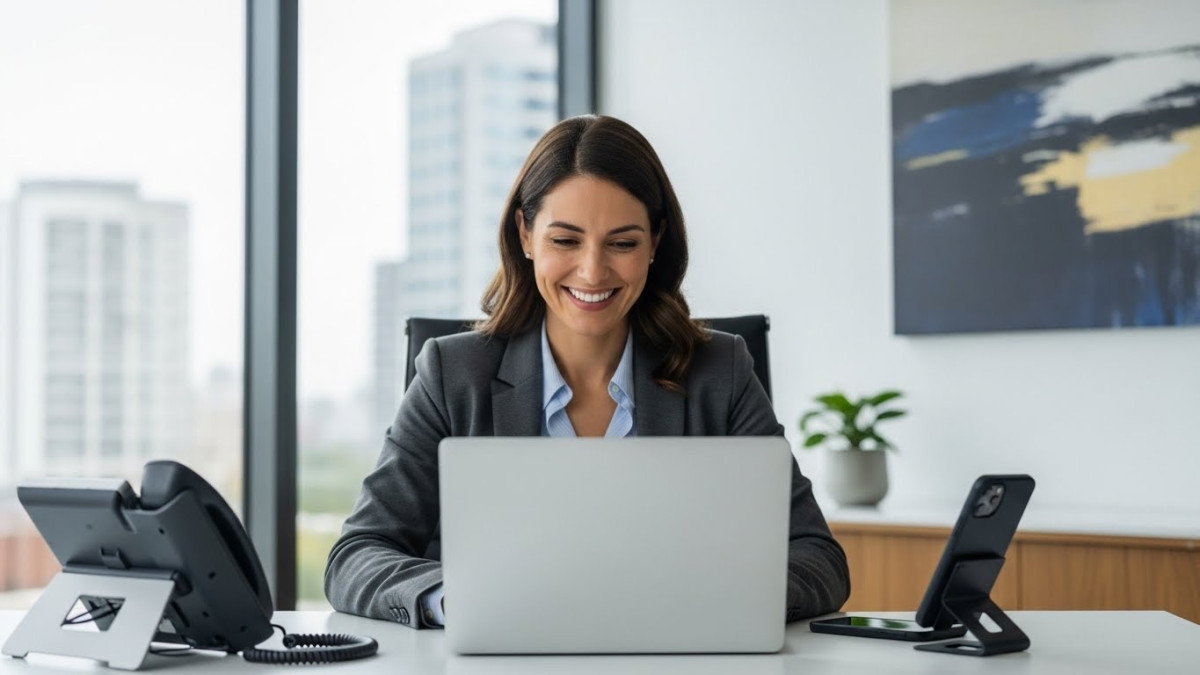 Satisfied client using VoIP services in a small office, demonstrating VoIP reseller success.