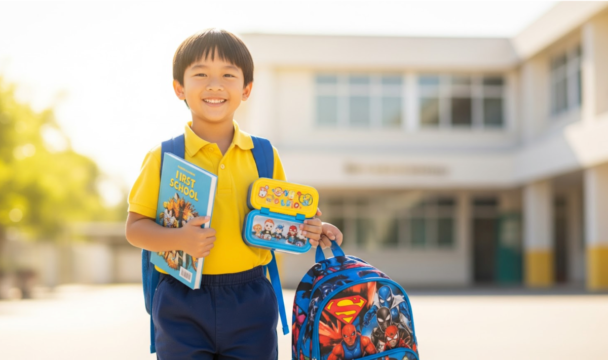 Parent reviewing a school readiness checklist with a smiling child at a kitchen table, preparing for the first day of school.