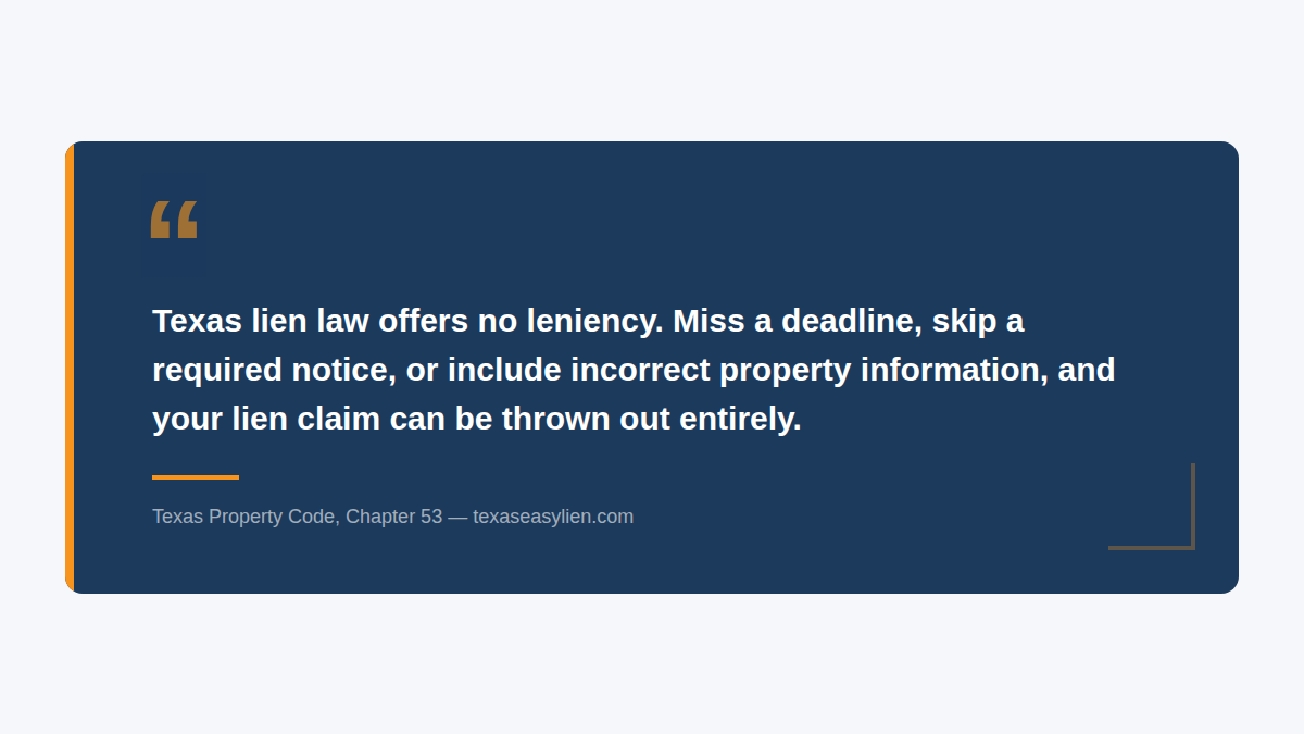 Texas Lien Law Offers No Leniency Pull quote stating Texas lien law offers no leniency for missed deadlines, skipped notices, or incorrect property information