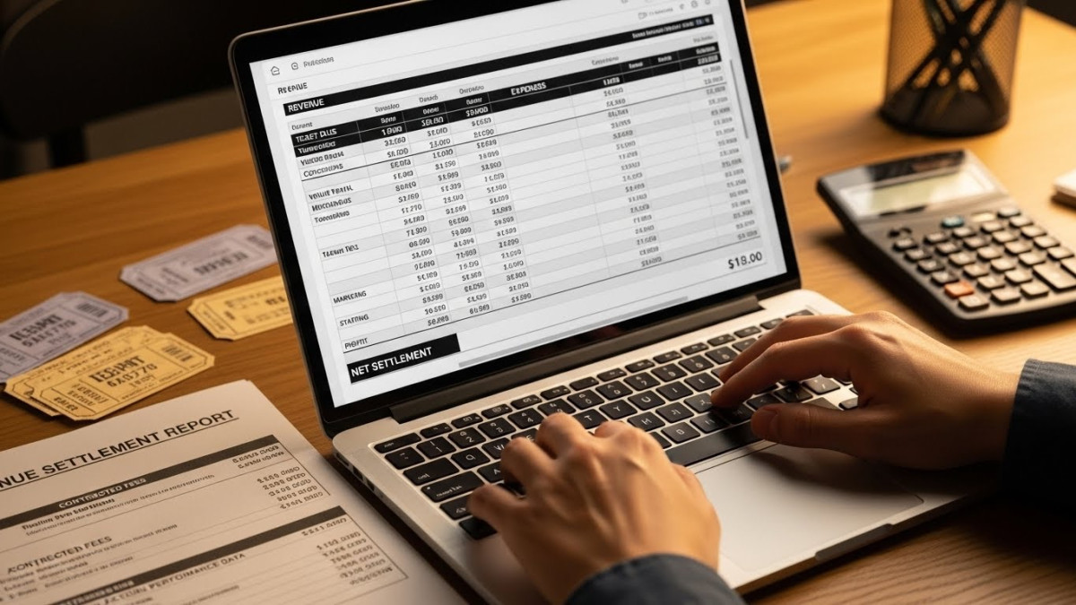 Financial settlement process for live music events showing automated software with revenue tracking and expense reconciliation.
