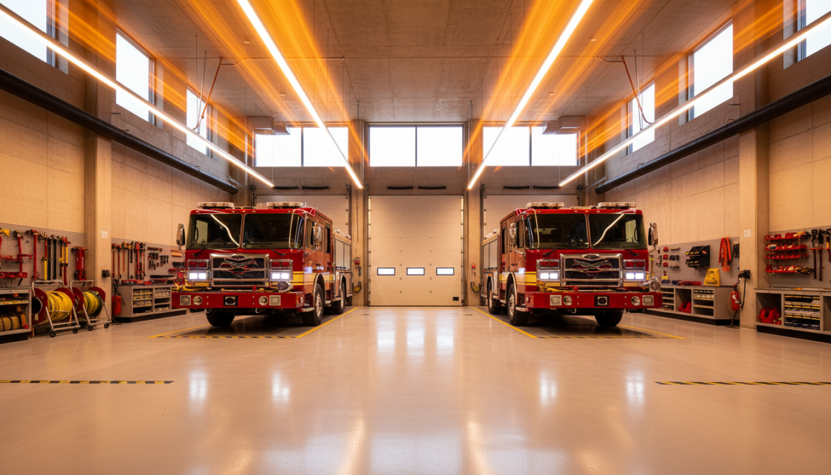 Modern fire station bay interior representing updated technology infrastructure supporting NERIS data submission