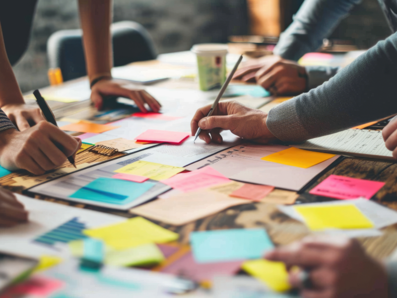 Marketing and leadership team collaborating on strategy using sticky notes and charts, representing how a fractional CMO organizes ideas and aligns departments for growth.