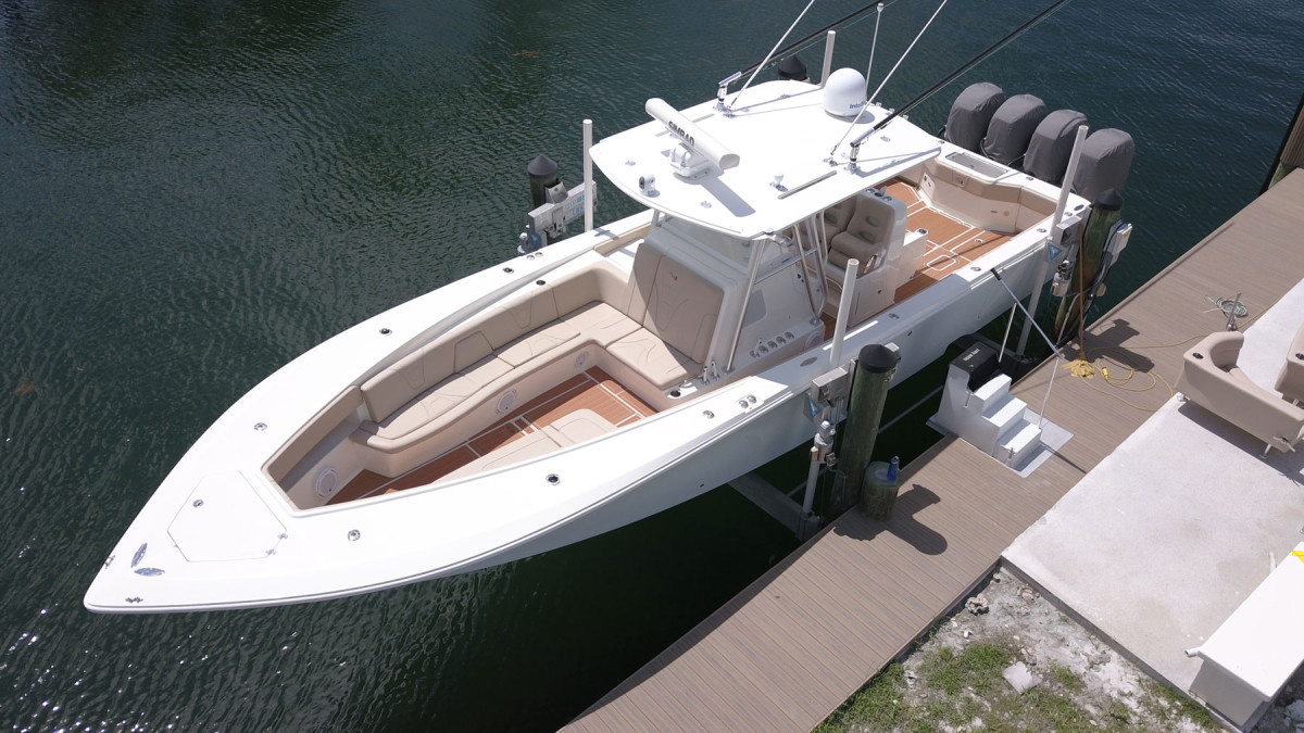 PE foam boat flooring installation on a Florida center console showing comfort and style