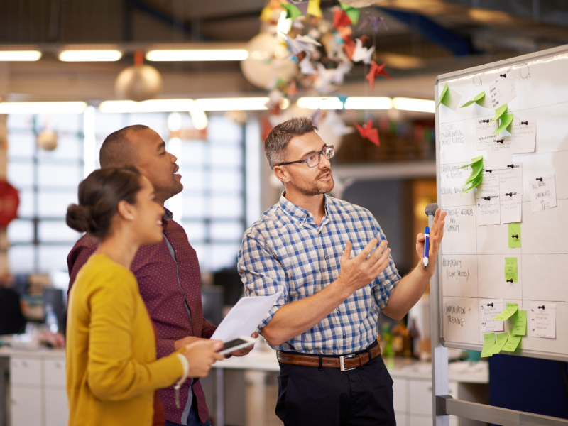 Marketing team collaborating at a whiteboard covered in notes, representing marketing operations turning strategic plans into actionable systems.