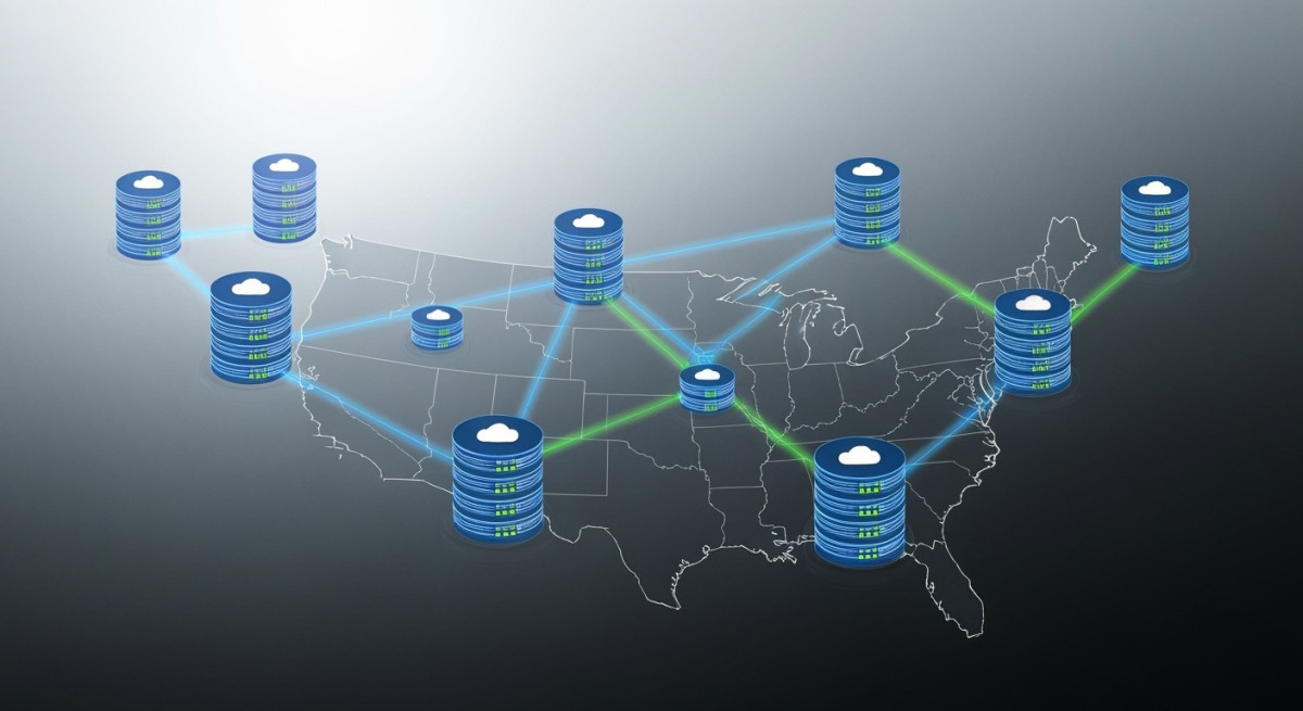 Multiple server nodes connected across a map of the U.S., highlighting geo-redundant network infrastructure.