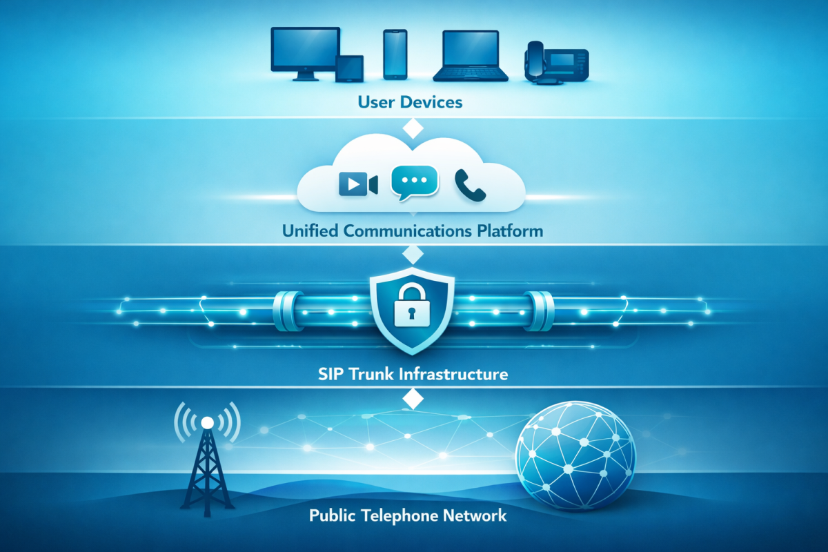 Infographic showing how SIP trunking infrastructure connects unified communications platforms to external phone networks.