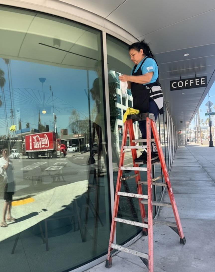 Woman on a ladder cleaning the exterior windows of a storefront with a 