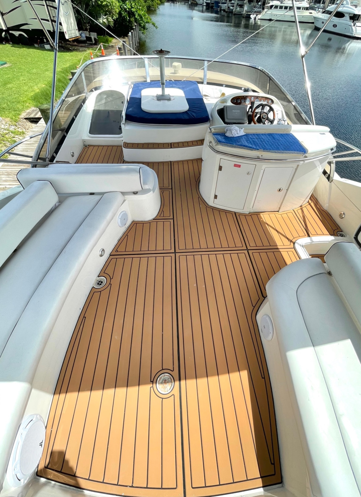Precision-cut foam boat decking by All Water Customs installed on a center console boat in South Florida