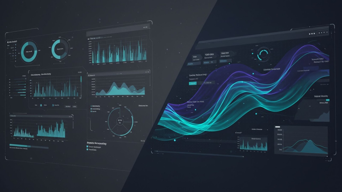 Split comparison showing outdated static dashboards versus modern dynamic content velocity measurement.