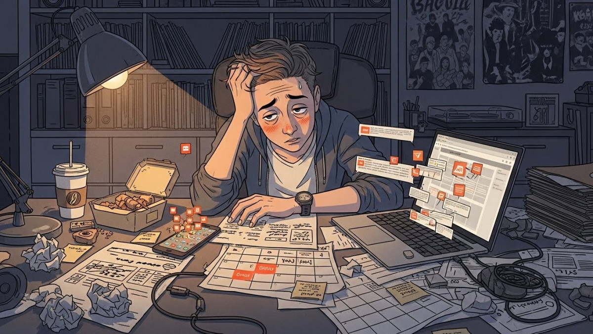 Overwhelmed promoter dealing with scattered papers and multiple devices showing manual workflow challenges.