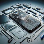 Image of a shattered phone screen with repair parts and tools.jpg