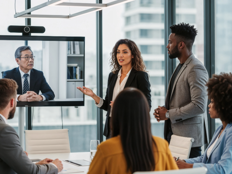  B2B marketing and sales team analyzing funnel performance during a hybrid meeting, reviewing CRM data and conversion metrics on laptops and screens.