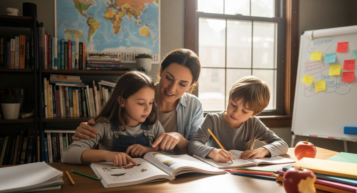 Parent and autistic child working on homeschool curriculum with visual aids and hands-on tools