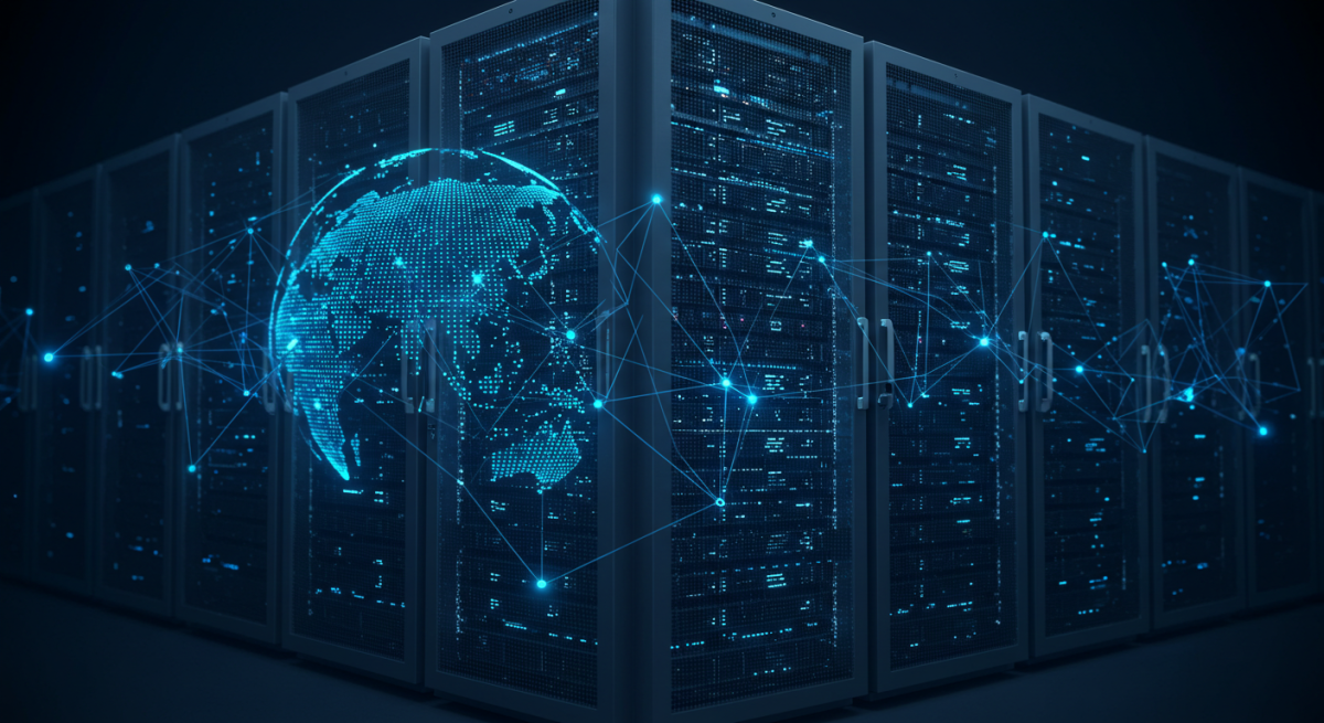 Geo-redundant network infrastructure with multiple data centers and fiber connections.