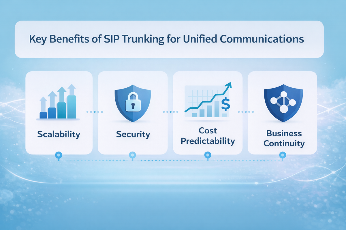 Key benefits of SIP trunking for unified communications, including scalability, security, cost control, and continuity.
