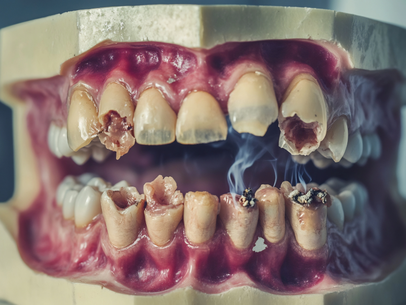 Close-up model showing advanced gum disease and tooth decay, illustrating the effects of poor oral hygiene and missed dental cleanings.