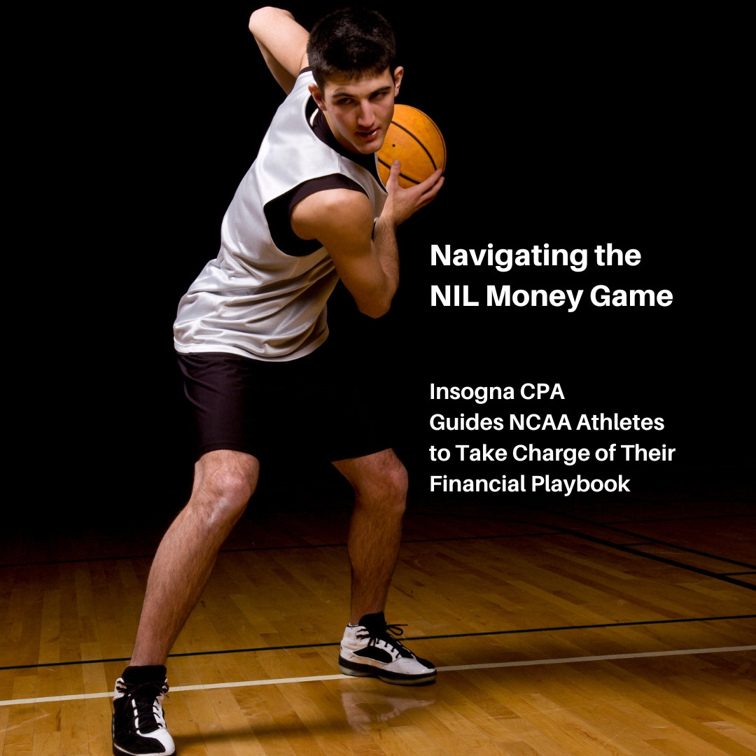 NCAA student athlete playing basketball, text reads: navigating the NIL money game